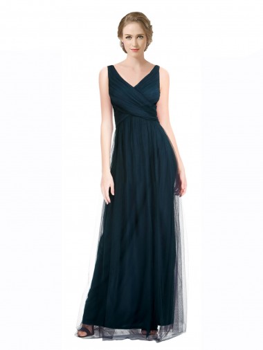 Azul 7 línea A Cuello en V Tul Largo Vestidos de dama de honor Venta