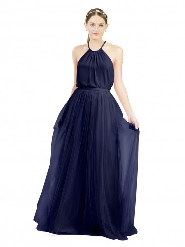 Azul Marino 21 línea A Halter Cuello Alto Tul Largo Vestidos de dama de honor Venta