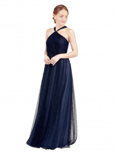 Azul Marino 21 línea A Halter Tul Largo Vestidos de dama de honor Venta