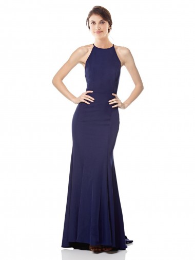 Azul Marino Sirena Halter Cuello Alto Crepé Elástico Largo Formales Vestidos de dama de honor / Vestidos de fiesta Venta