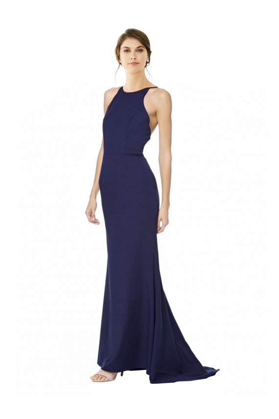 Compra Azul Marino Sirena Halter Cuello Alto Crepé Elástico Largo Formales Vestidos de dama de honor / Vestidos de fiesta