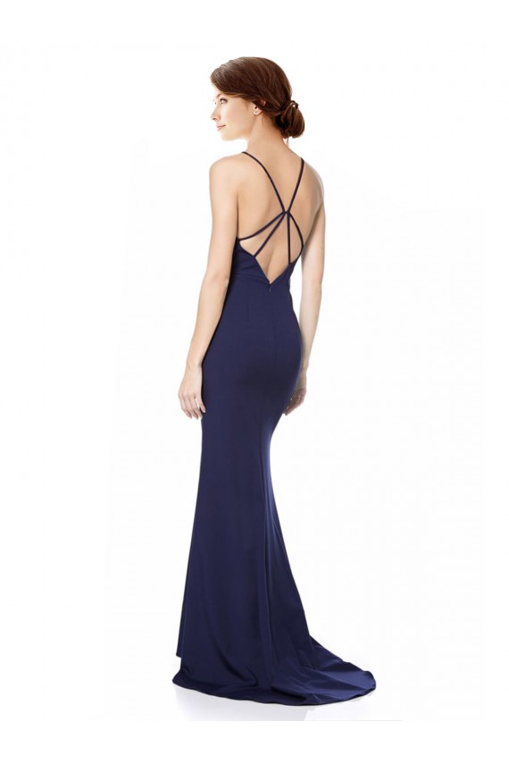 Compra Azul Marino Sirena Halter Cuello Alto Crepé Elástico Largo Formales Vestidos de dama de honor / Vestidos de fiesta