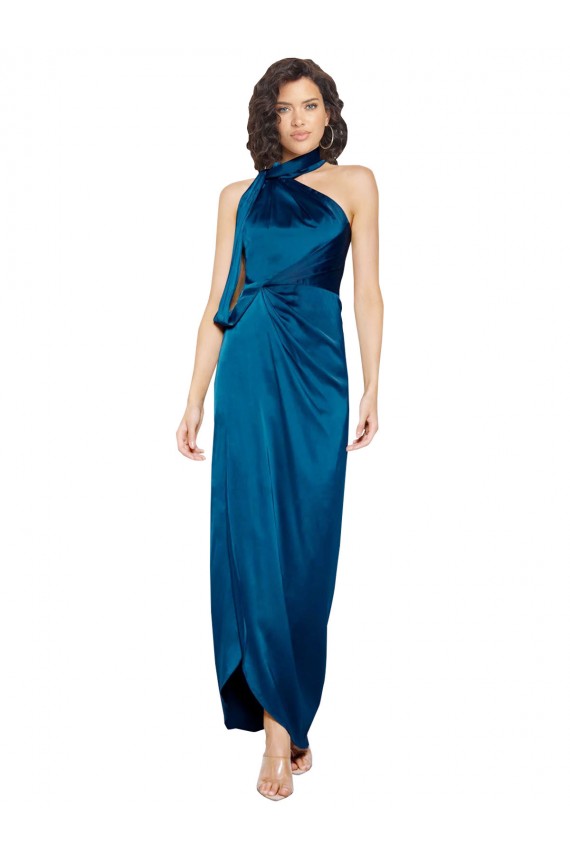 Compra Azul Verde pavo real Cubierta Halter Cuello Alto Satén sedoso Largo Formales Vestidos de dama de honor / Vestidos de fiesta