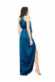 Compra Azul Verde pavo real Cubierta Halter Cuello Alto Satén sedoso Largo Formales Vestidos de dama de honor / Vestidos de fiesta