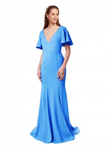 Azul Verde pavo real Sirena Cuello en V Barrer tren Crepé Elástico Largo Vestidos de dama de honor / Vestidos de fiesta Venta