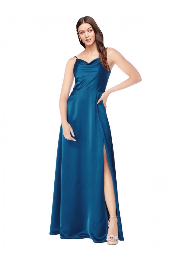 Compra Azul Verde pavo real línea A Tirantes espagueti Satén sedoso Largo Formales Vestidos de dama de honor / Vestidos de fiesta