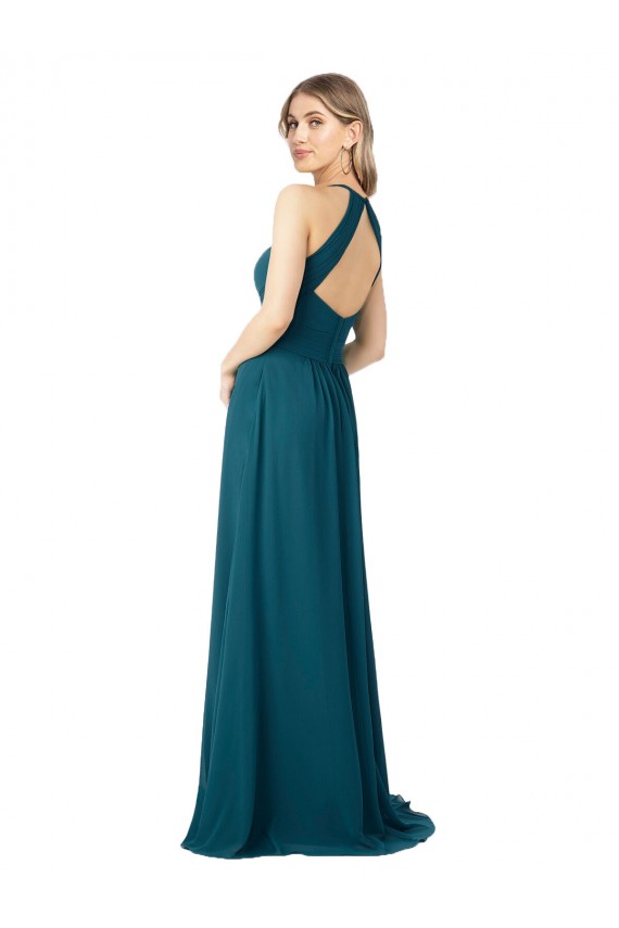 Compra Azul Windsor línea A Cuello Alto Gasa Largo Vestidos de dama de honor