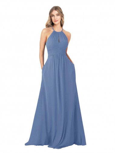 Azul Windsor línea A Cuello Alto Gasa Largo Vestidos de dama de honor Venta