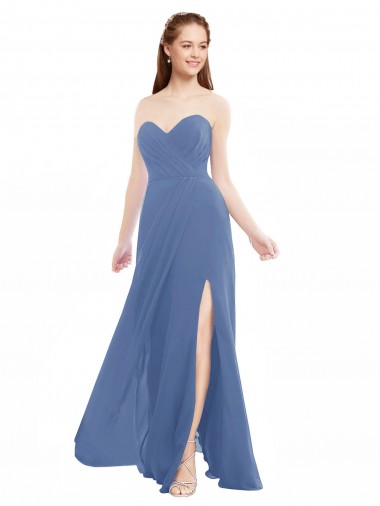 Azul Windsor línea A Cuello de Corazón Sin tirantes Gasa Largo Vestidos de dama de honor Venta