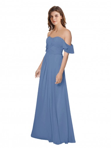 Azul Windsor línea A Hombros Descubiertos Sin tirantes Gasa Largo Vestidos de dama de honor Venta
