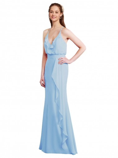 Azul cielo claro Sirena Tirantes espagueti Cuello en V Gasa Largo Vestidos de dama de honor Venta