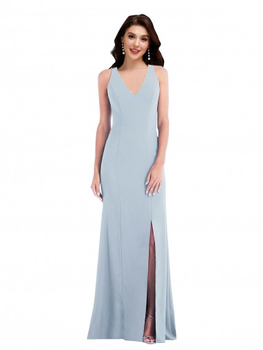Azul cielo claro Trompeta Cuello en V Crepé Elástico Largo Vestidos de dama de honor / Vestidos de fiesta Venta