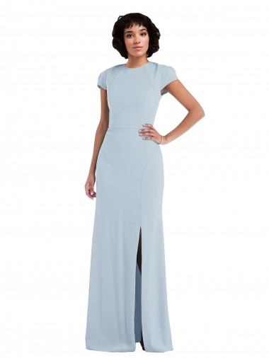 Azul cielo claro Trompeta Cuello joya Crepé Elástico Largo Vestidos de dama de honor Venta