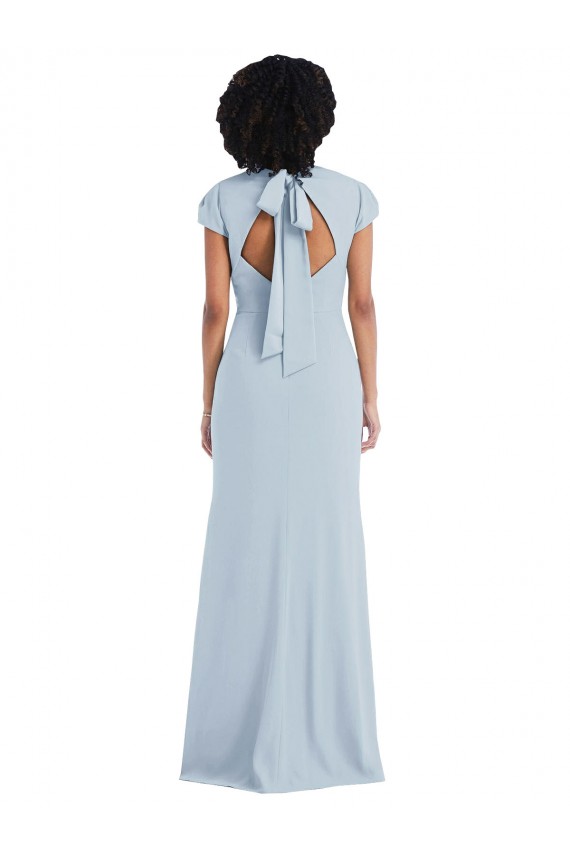 Compra Azul cielo claro Trompeta Cuello joya Crepé Elástico Largo Vestidos de dama de honor