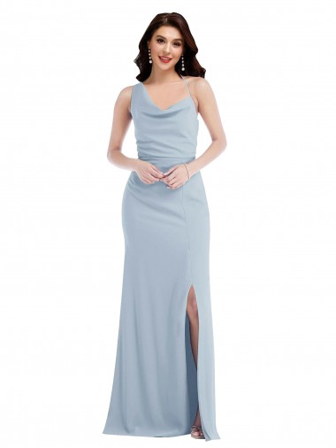 Azul cielo claro Trompeta Un Hombre Crepé Elástico Largo Vestidos de dama de honor / Vestidos de fiesta Venta