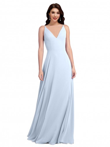 Azul cielo claro línea A Cuello en V Gasa Largo Vestidos de dama de honor Venta