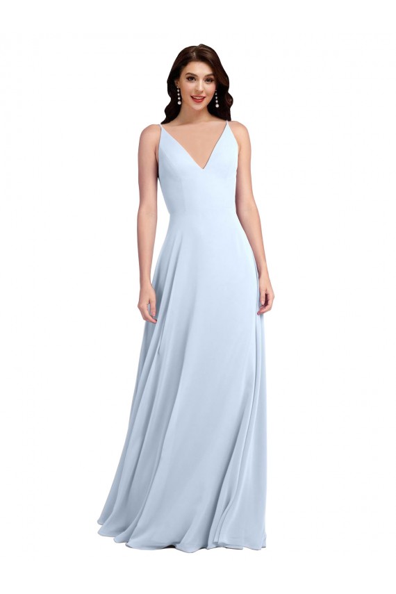 Compra Azul cielo claro línea A Cuello en V Gasa Largo Vestidos de dama de honor