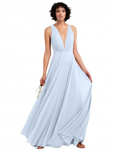 Azul cielo claro línea A Cuello en V Gasa Largo Vestidos de dama de honor Venta