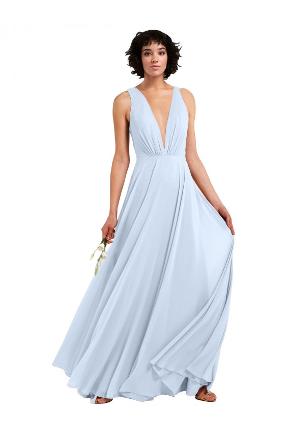 Compra Azul cielo claro línea A Cuello en V Gasa Largo Vestidos de dama de honor