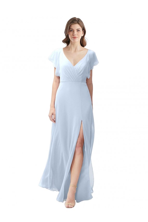Compra Azul cielo claro línea A Cuello en V Gasa Largo Vestidos de dama de honor