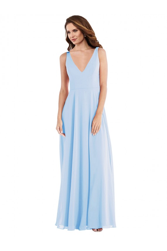 Compra Azul cielo claro línea A Cuello en V Gasa Largo Vestidos de dama de honor