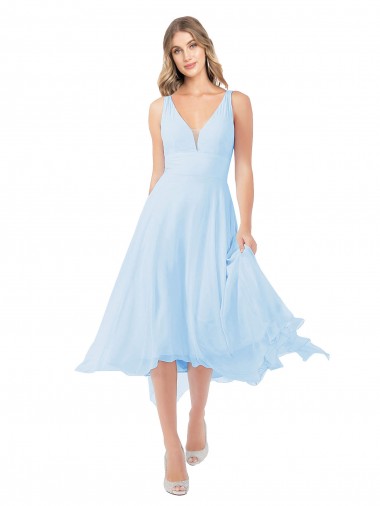 Azul cielo claro línea A Cuello en V Midi Gasa Corto Vestidos de dama de honor / Vestidos de cóctel Venta