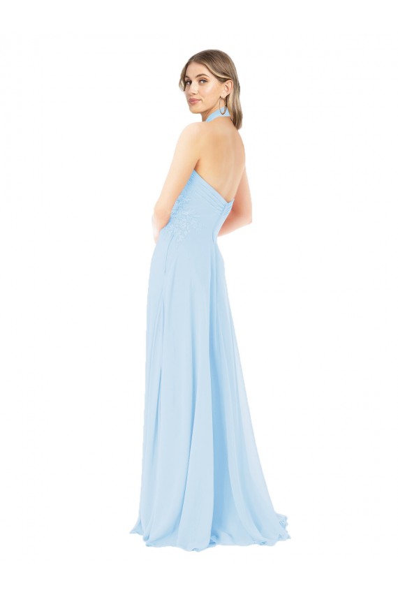 Compra Azul cielo claro línea A Halter Cuello Alto Gasa Largo Vestidos de dama de honor