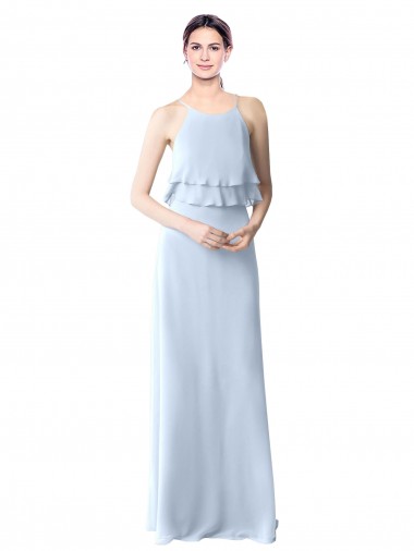Azul cielo claro línea A Halter Gasa Largo Vestidos de dama de honor Venta
