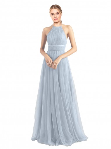Azul cielo claro línea A Halter Tul Largo Vestidos de dama de honor Venta