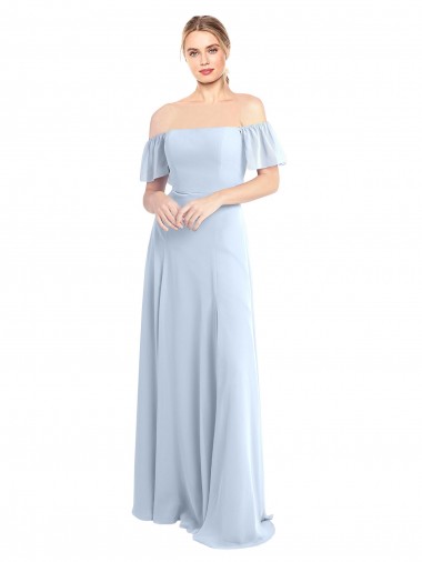 Azul cielo claro línea A Hombros Descubiertos Cuadrado Gasa Largo Vestidos de dama de honor Venta