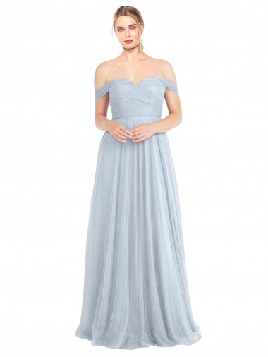 Azul cielo claro línea A Hombros Descubiertos Tul Largo Vestidos de dama de honor Venta