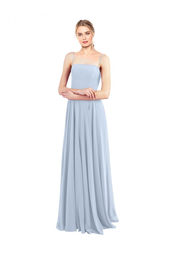 Compra Azul cielo claro línea A Tirantes espagueti Cuadrado Gasa Largo Vestidos de dama de honor