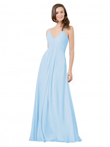 Azul cielo claro línea A Tirantes espagueti Cuello en V Gasa Largo Vestidos de dama de honor Venta