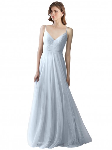 Azul cielo claro línea A Tirantes espagueti Cuello en V Tul Largo Vestidos de dama de honor Venta