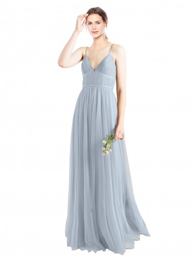 Azul cielo claro línea A Tirantes espagueti Cuello en V Tul Largo Vestidos de dama de honor Venta