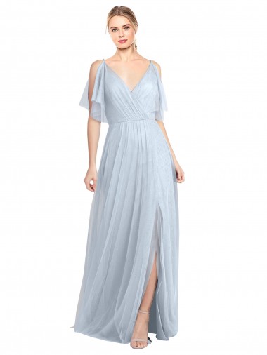 Azul cielo claro línea A Tirantes espagueti Cuello en V Tul Largo Vestidos de dama de honor Venta