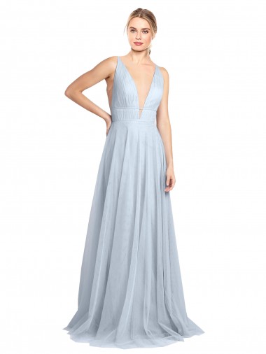 Azul cielo claro línea A Tirantes espagueti Cuello en V Tul Largo Vestidos de dama de honor Venta