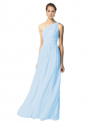 Azul cielo claro línea A Un Hombre Gasa Largo Vestidos de dama de honor Venta