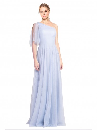 Azul cielo claro línea A Un Hombre Tul Largo Vestidos de dama de honor Venta