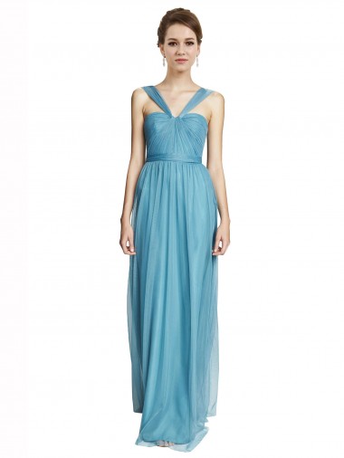 Azul cielo línea A Tirantes espagueti Halter Cuello en V Tul Largo Vestidos de dama de honor Venta