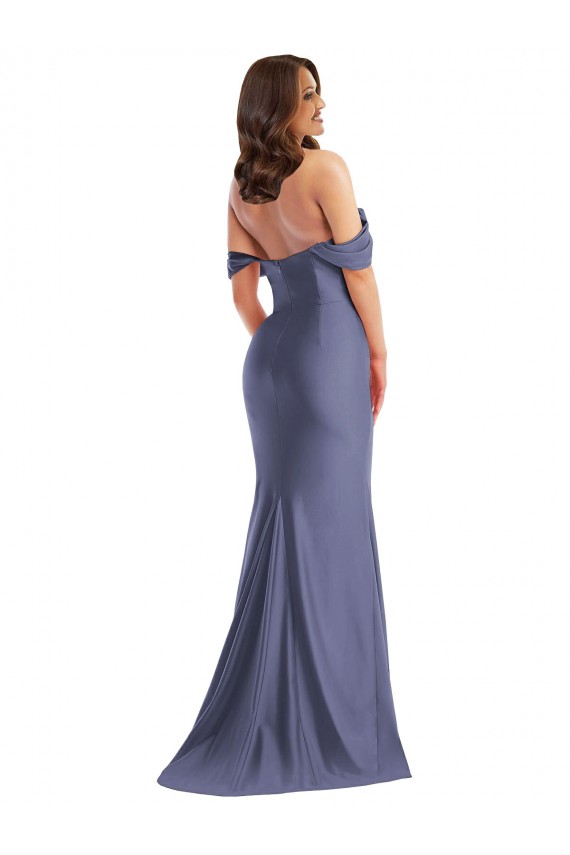Compra Azul francés Sirena Hombros Descubiertos Satén sedoso Largo Formales Vestidos de dama de honor / Vestidos de fiesta