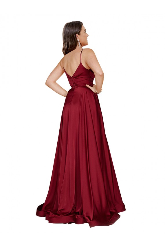 Compra Azul francés línea A Tirantes espagueti Satén sedoso Largo Formales Vestidos de dama de honor / Vestidos de fiesta