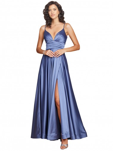 Azul francés línea A Tirantes espagueti Satén sedoso Largo Formales Vestidos de dama de honor / Vestidos de fiesta Venta