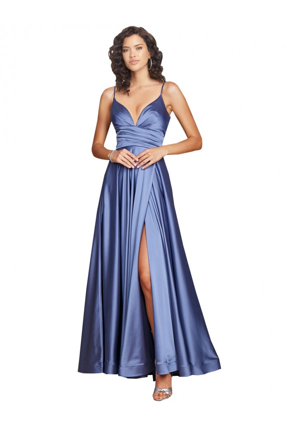 Compra Azul francés línea A Tirantes espagueti Satén sedoso Largo Formales Vestidos de dama de honor / Vestidos de fiesta