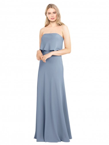 Azul humo Cubierta Cuello Alto Crepé Elástico Largo Formales Vestidos de dama de honor / Vestidos de fiesta Venta
