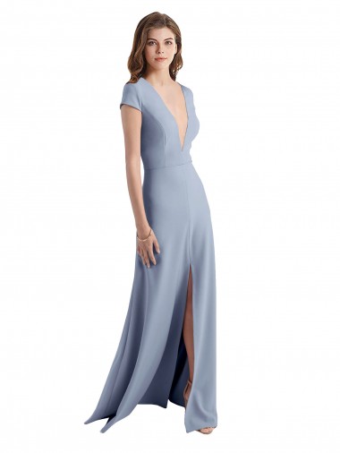 Azul humo Cubierta Cuello en V Cuello Alto Crepé Elástico Largo Vestidos de dama de honor / Vestidos de fiesta Venta