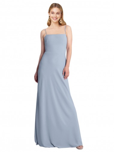 Azul humo línea A Cuadrado Crepé Elástico Largo Vestidos de dama de honor / Vestidos de fiesta Venta
