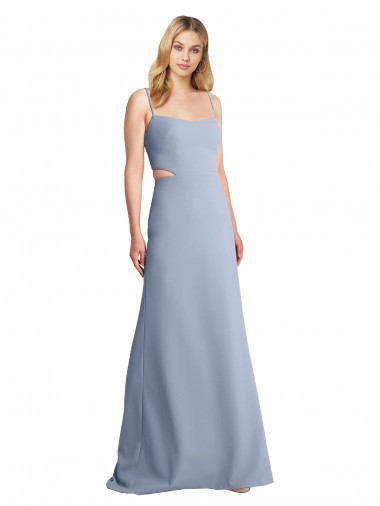 Azul humo línea A Tirantes espagueti Cucharón Crepé Elástico Largo Vestidos de dama de honor / Vestidos de fiesta Venta