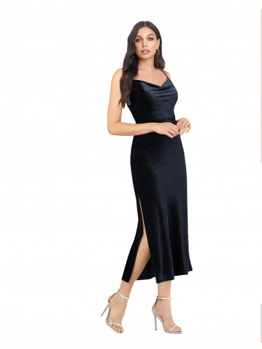 Azul marina oscuro Columna Midi Terciopelo Elástico Corto Formales Vestidos de dama de honor / Vestidos de fiesta / Vestidos de cóctel Venta
