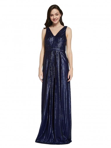 Azul marina oscuro Cubierta Cuello en V Lentejuela Largo Formales Vestidos de dama de honor / Vestidos de fiesta Venta